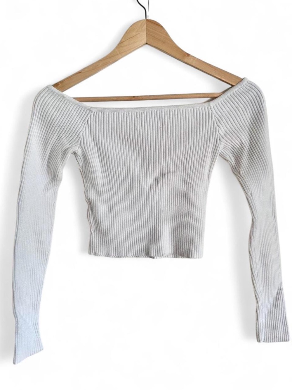Hollister White Ribbed Off Shoulder Crop Sweater Top Cotton Balletcore S - Picture 3 of 7